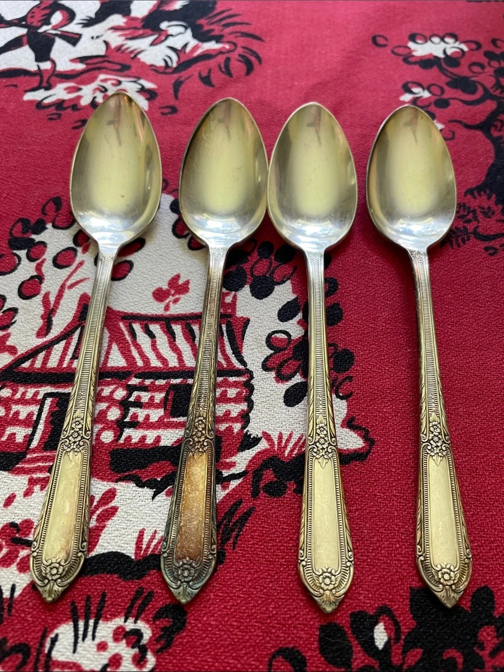 Set of 8 antique William Ro Silver-Tone Dessert Spoons — Classic Floral Handle